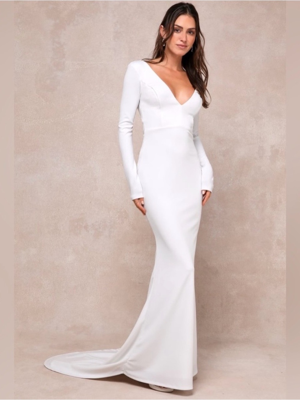 Elegant Long-Sleeve V-Neck White Women's Gown